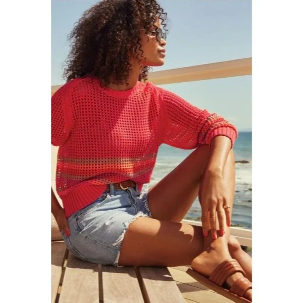 525 Striped Top L Fishnet Open Knit Crochet Cover Up Maximalist Resort Cruise - Picture 1 of 8